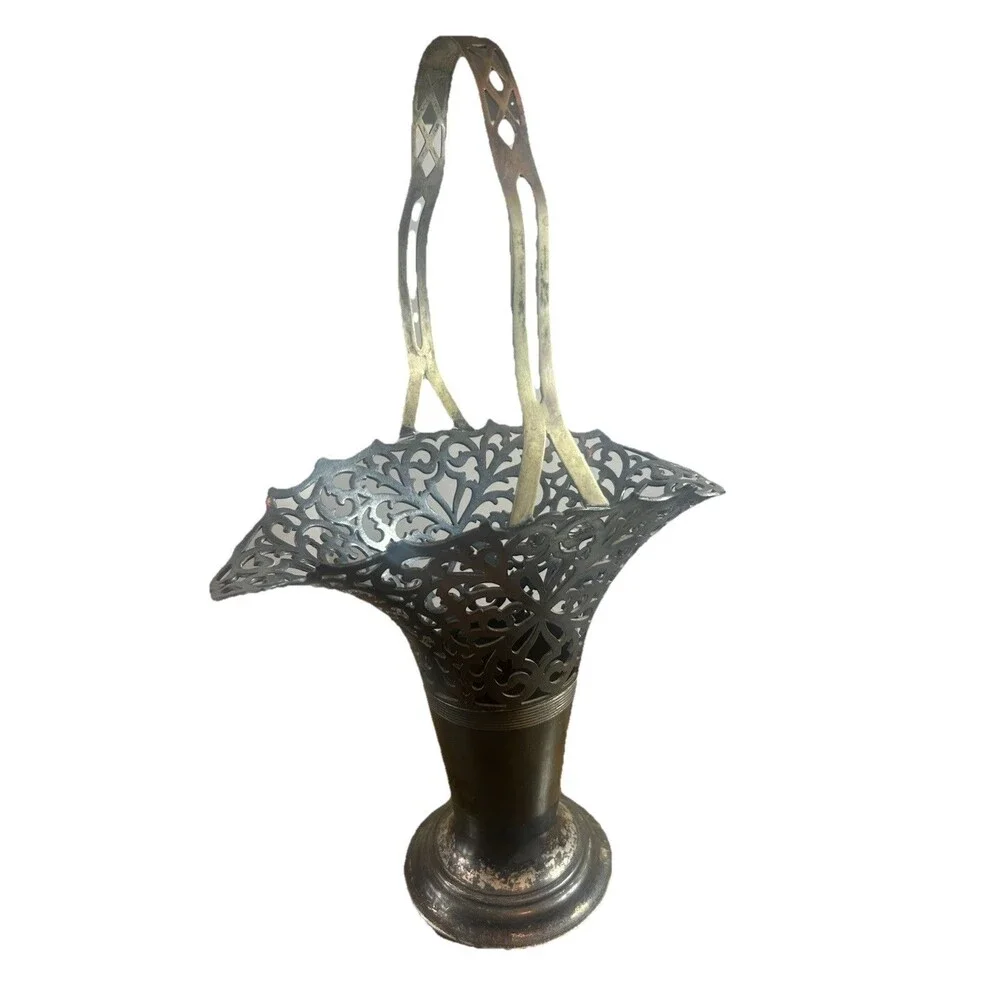 Antique Brides Flower Basket Silverplate 15” Tall Intricate Filigree Unique Mark